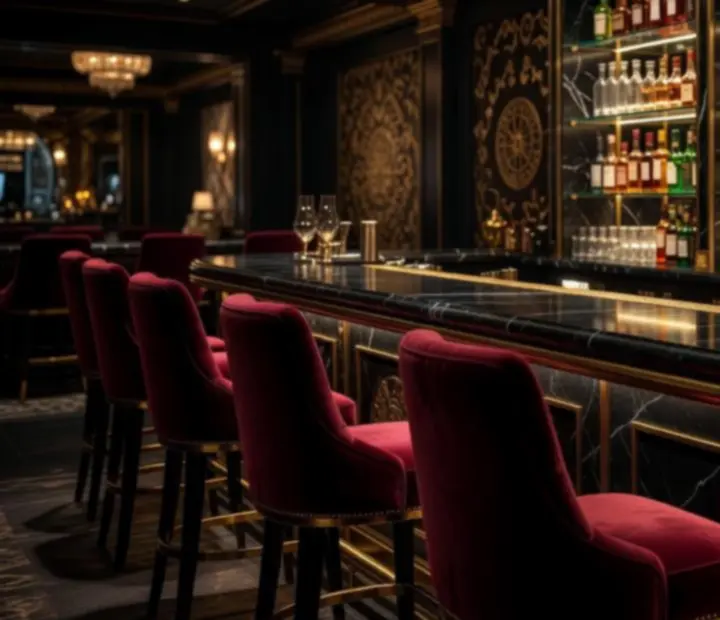 Elegancki bar Nocastrella z czarnym marmurem, złotymi detalami i nastrojowym oświetleniem