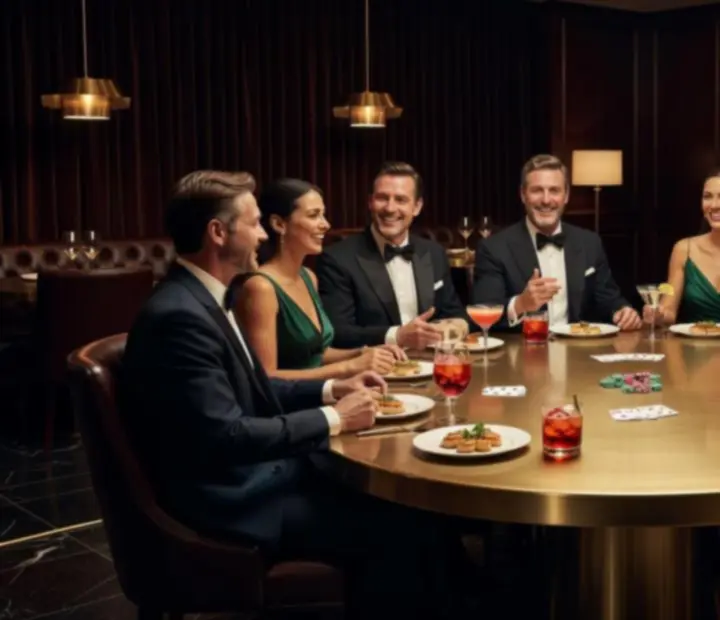 Elegancki stół pokerowy z żetonami i kartami przygotowany na wieczór tematyczny w restauracji Nocastrella