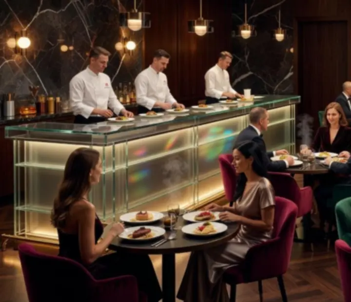 Cinematiczne wnętrze restauracji Nocastrella z eleganckimi stołami restauracyjnymi i kasynowymi w wieczornym oświetleniu