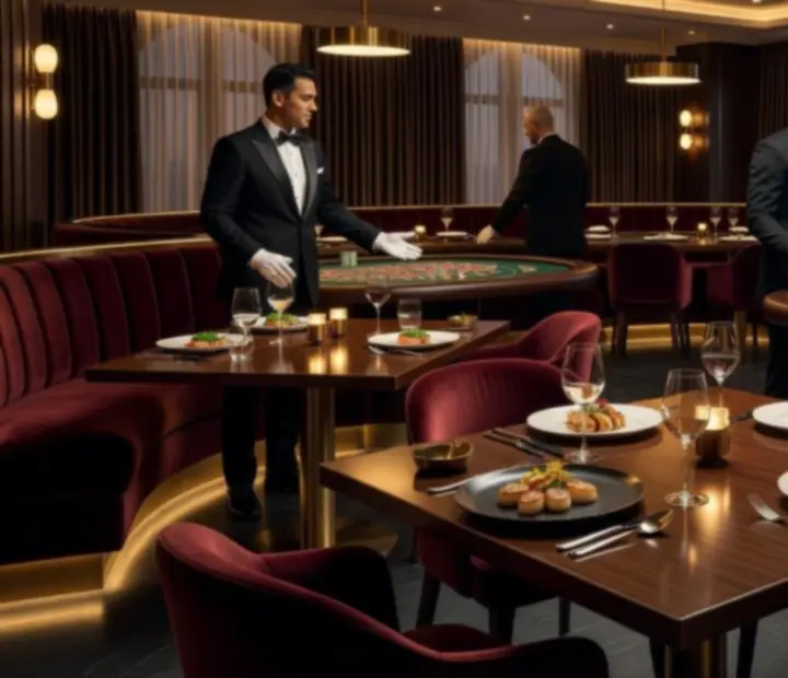 Ciemna, nastrojowa sala restauracyjna z elegancko podanymi daniami i kasynową oprawą w tle