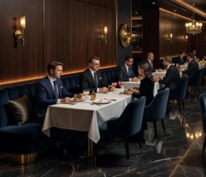 Cinematiczne wnętrze restauracji Nocastrella z eleganckimi stołami do pokera i ruletki oraz serwowaną kolacją