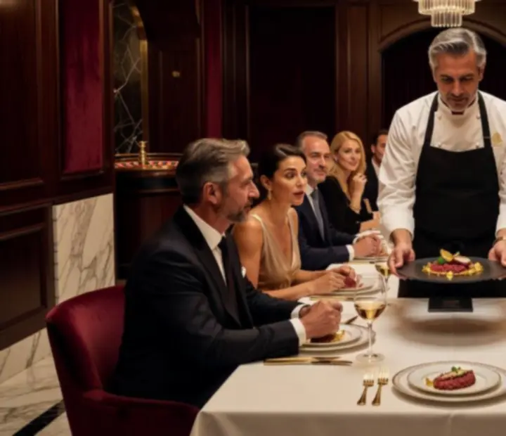 Szef kuchni prezentujący degustacyjne dania podczas eleganckiego wieczoru w restauracji