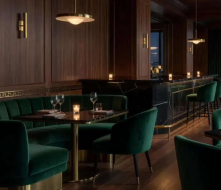 Luksusowe wnętrze restauracji z ciemnym marmurem, drewnem orzechowym i złotymi detalami w Nocastrella