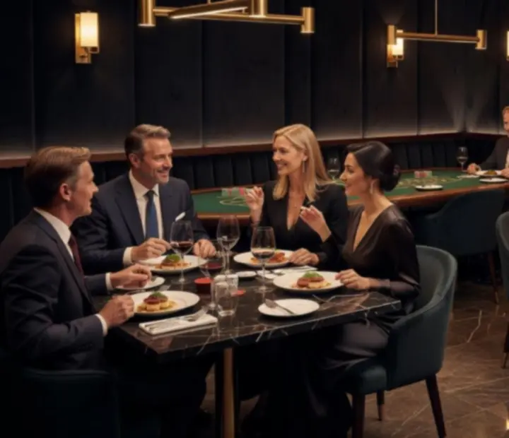 Ciemne, luksusowe wnętrze restauracji Nocastrella z eleganckimi stolikami, nastrojowym światłem i stołami do gry